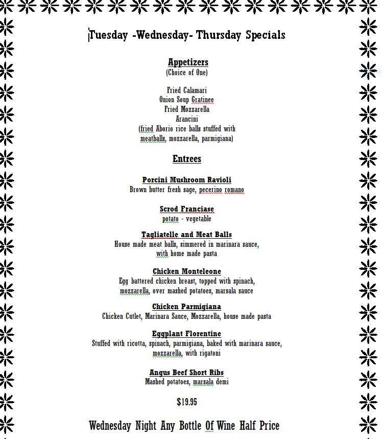 Brookside Inn's TuesdayThursdays Specials Brookside Inn Restaurant